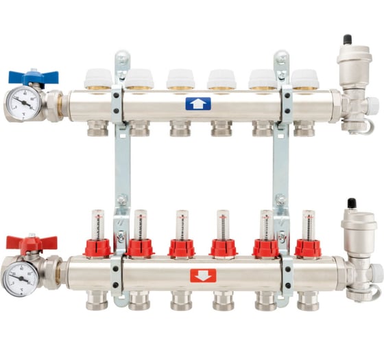 Коллекторная группа ITAP латунь 1″х3/4″х11 выходов в сборе с расходомерами + комплект шаровых кранов с термометрами 9050010011034C 905(1″X3/4″X11) картинка