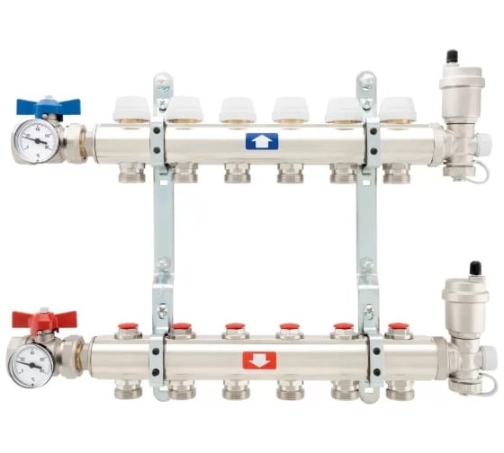 Коллекторная группа ITAP 1″х3/4″х6 выходов в сборе с расходомерами + комплект шаровых кранов с термометрами 9050010006034C 905(1″X3/4″X6) картинка