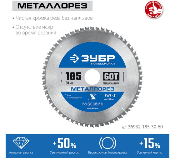 Диск пильный по металлу и металлопрофилю ЗУБР Металлорез 185×30 мм, 60Т 36932-185-30-60 картинка