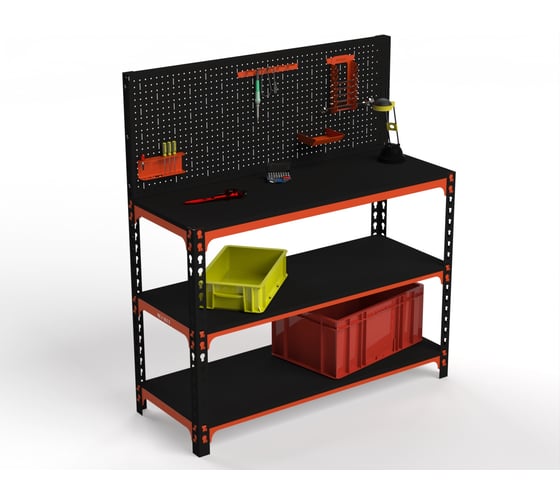Стол-верстак ООО Металекс 950x1000x400 мм, две полки + перфопанель с комплектом аксессуаров оранжево-чёрный 111082 картинка