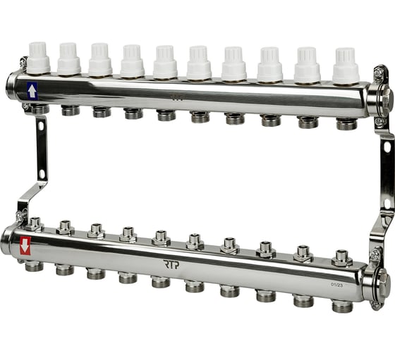 Коллекторная группа с ручными регулирующими клапанами и кронштейном RTP (евроконус 3/4″) нержавеющая сталь sus 304 1″х10 выходов, 39465 картинка