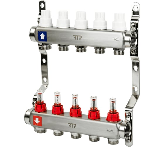 Коллекторная группа с расходометром и кронштейном RTP (евроконус 3/4″) нержавеющая сталь sus 304 1″х 5 выходов, 39420 картинка