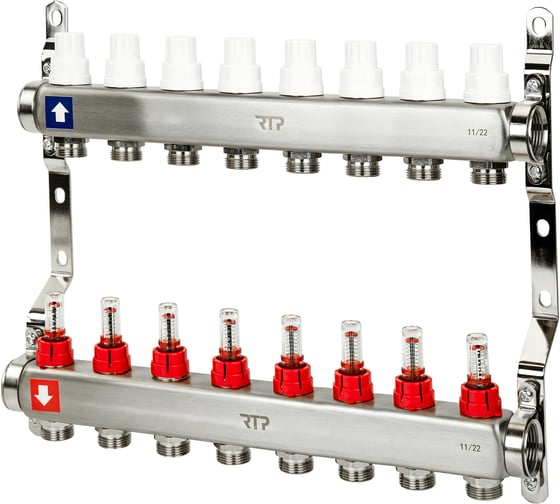 Коллекторная группа с расходометром и кронштейном RTP (евроконус 3/4″) нержавеющая сталь sus 304 1″х 8 выходов, 39425 картинка