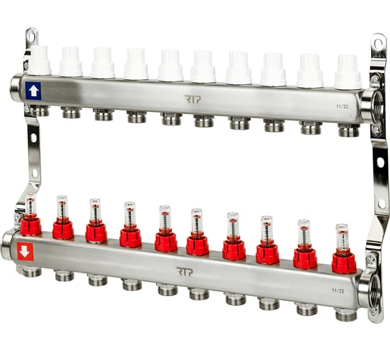 Коллекторная группа с расходометром и кронштейном RTP (евроконус 3/4″) нержавеющая сталь sus 304 1″х10 выходов, 39429 картинка