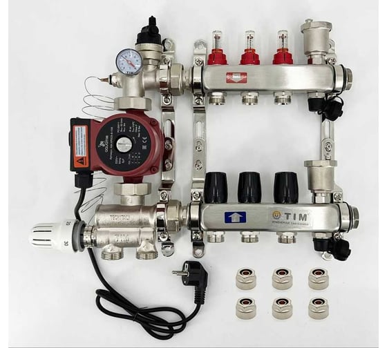 Комплект для водяного теплого пола с насосом: Коллектор 3 выхода с расходомерами + смесительный узел JH-1036 + циркуляционный насос 25-60 130 + коллекторный фитинг — (до 50 кв.м.) TIM KCS5003 + JH-1036 + AM-XPS25-6-130 картинка