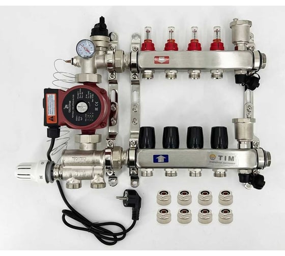 Комплект для водяного теплого пола с насосом: Коллектор 4 выхода с расходомерами + смесительный узел JH-1036 + циркуляционный насос 25-60 130 + коллекторный фитинг — (до 60 кв.м.) TIM KCS5004 + JH-1036 + AM-XPS25-6-130 картинка