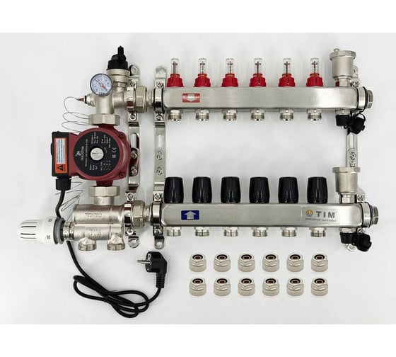 Комплект для водяного теплого пола с насосом: Коллектор 6 выходов с расходомерами + смесительный узел JH-1036 + циркуляционный насос 25-60 130 + коллекторный фитинг — (до 80 кв.м.) TIM KCS5006 + JH-1036 + AM-XPS25-6-130 картинка