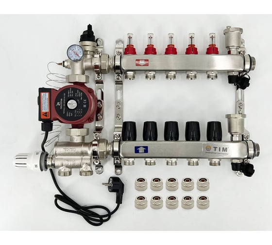 Комплект для водяного теплого пола с насосом: Коллектор 5 выходов с расходомерами + смесительный узел JH-1036 + циркуляционный насос 25-60 130 + коллекторный фитинг — (до 70 кв.м.) TIM KCS5005 + JH-1036 + AM-XPS25-6-130 картинка