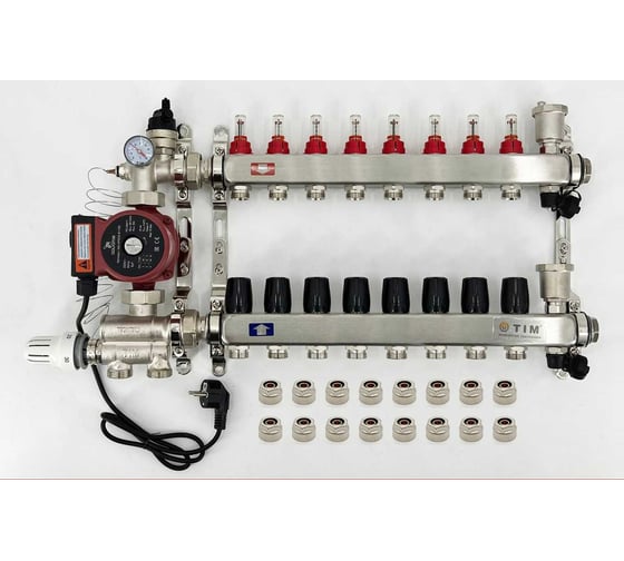 Комплект для водяного теплого пола с насосом: Коллектор 8 выходов с расходомерами + смесительный узел JH-1036 + циркуляционный насос 25-60 130 + коллекторный фитинг — (до 100 кв.м.) TIM KCS5008 + JH-1036 + AM-XPS25-6-130 картинка