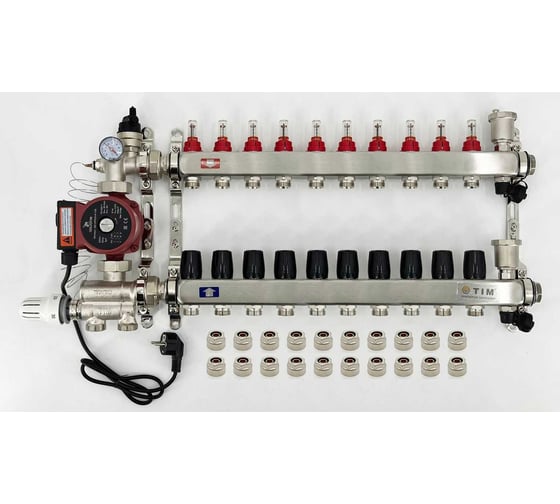 Комплект для водяного теплого пола с насосом: Коллектор 10 выходов с расходомерами + смесительный узел JH-1036 + циркуляционный насос 25-60 130 + коллекторный фитинг — (до 120 кв.м.) TIM KCS5010 + JH-1036 + AM-XPS25-6-130 картинка