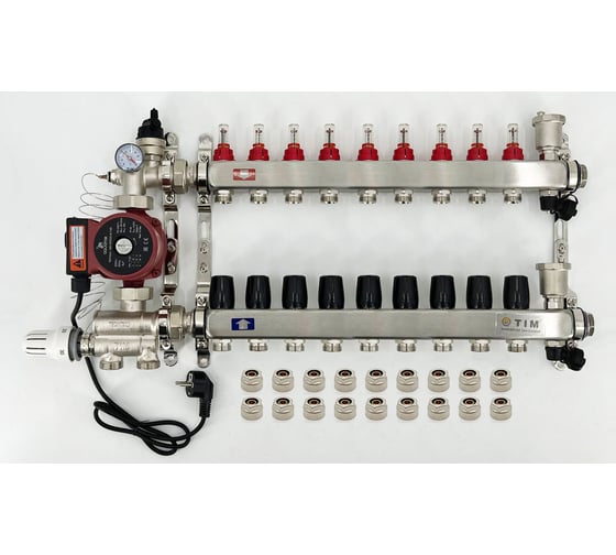 Комплект для водяного теплого пола с насосом: Коллектор 9 выходов с расходомерами + смесительный узел JH-1036 + циркуляционный насос 25-60 130 + коллекторный фитинг — (до 110 кв.м.) TIM KCS5009 + JH-1036 + AM-XPS25-6-130 картинка