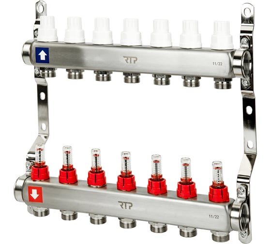 Коллекторная группа с расходометром и кронштейном RTP (евроконус 3/4″) нержавеющая сталь sus 304 1″х 7 выходов, 39424 картинка