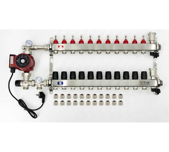 Комплект для водяного теплого пола с насосом TIM: коллектор 11 выходов с расходомерами + смесительный узел JH-1035 + циркуляционный насос 25-60 130 + коллекторный фитинг — (до 130 кв.м.) KCS5011 + JH-1035 + AM-XPS25-6-130 картинка