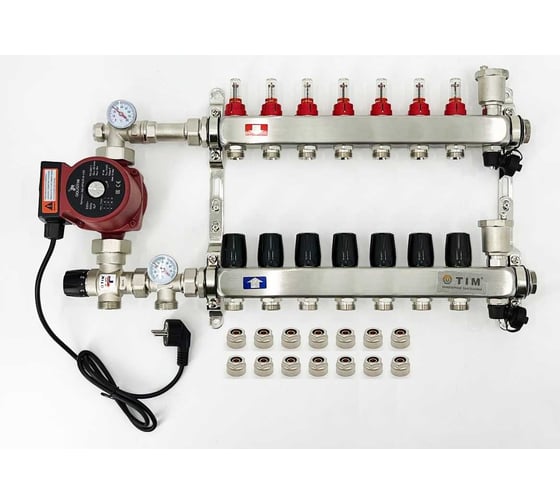 Комплект для водяного теплого пола с насосом TIM: коллектор 7 выходов с расходомерами + смесительный узел JH-1035 + циркуляционный насос 25-60 130 + коллекторный фитинг — (до 90 кв.м.) KCS5007 + JH-1035+ AM-XPS25-6-130 картинка