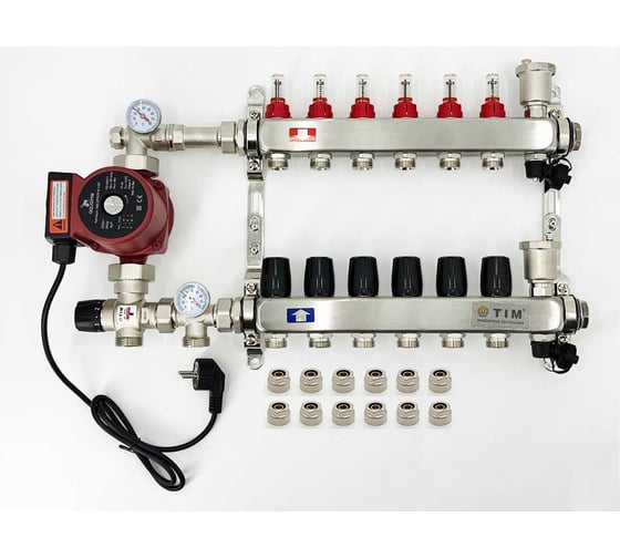 Комплект для водяного теплого пола с насосом TIM: коллектор 6 выходов с расходомерами + смесительный узел JH-1035 + циркуляционный насос 25-60 130 + коллекторный фитинг — (до 80 кв.м.) KCS5006 + JH-1035 + AM-XPS25-6-130 картинка