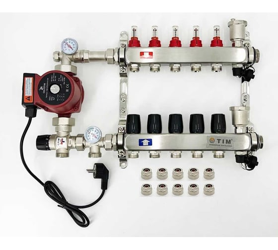 Комплект для водяного теплого пола с насосом TIM: коллектор 5 выходов с расходомерами + смесительный узел JH-1035 + циркуляционный насос 25-60 130 + коллекторный фитинг — (до 70 кв.м.) KCS5005 + JH-1035 + AM-XPS25-6-130 картинка