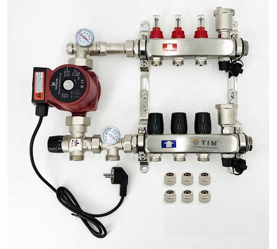Комплект для водяного теплого пола с насосом TIM: коллектор 3 выхода с расходомерами + смесительный узел JH-1035 + циркуляционный насос 25-60 130 + коллекторный фитинг — (до 50 кв.м.) KCS5003 + JH-1035 + AM-XPS25-6-130 картинка