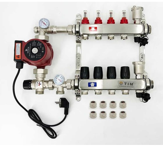 Комплект для водяного теплого пола с насосом TIM: коллектор 4 выхода с расходомерами + смесительный узел JH-1035 + циркуляционный насос 25-60 130 + коллекторный фитинг — (до 60 кв.м.) KCS5004 + JH-1035 + AM-XPS25-6-130 картинка