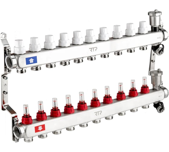 Коллекторная группа с регулирующими клапанами, расходомерами, воздухоотводчиками, обратными и дренажными клапанами, кронштейном RTP (евроконус 3/4″) нержавеющая сталь sus 304 1″х 10 выходов, 42502 картинка