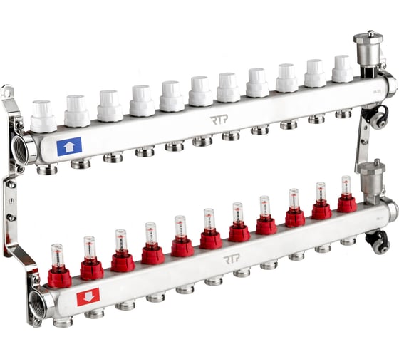 Коллекторная группа с регулирующими клапанами, расходомерами, воздухоотводчиками, обратными и дренажными клапанами, кронштейном RTP (евроконус 3/4″) нержавеющая сталь sus 304 1″х 11 выходов, 42503 картинка