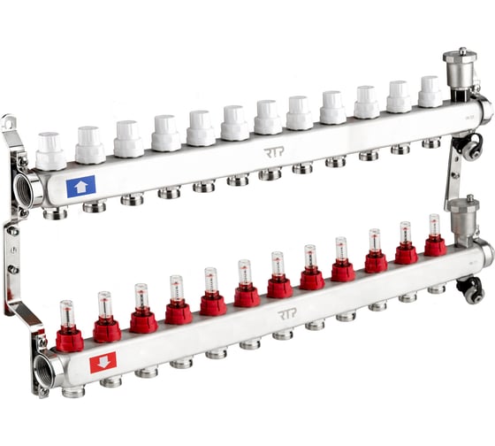 Коллекторная группа с регулирующими клапанами, расходомерами, воздухоотводчиками, обратными и дренажными клапанами, кронштейном RTP (евроконус 3/4″) нержавеющая сталь sus 304 1″х 12 выходов 42504 картинка