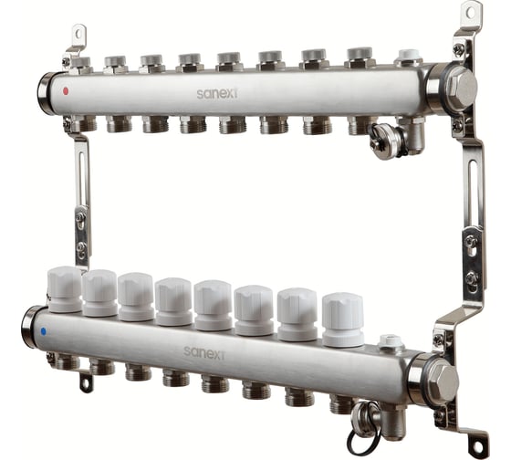 Коллектор для теплого пола SANEXT нержавеющая сталь, с запорн., в/о и дренаж., ДУ25, ВР1″х 8 конт. НР 3/4″ 8598 картинка