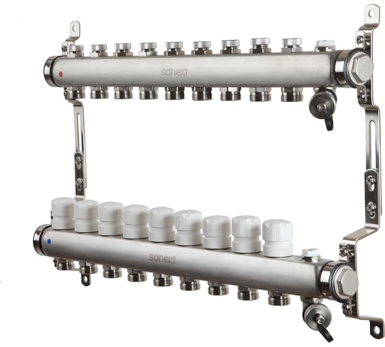 Коллектор для теплого пола SANEXT нержавеющая сталь, с запорн., в/о и дренаж., ДУ25, ВР1″х 9 конт. НР 3/4″ 8599 картинка