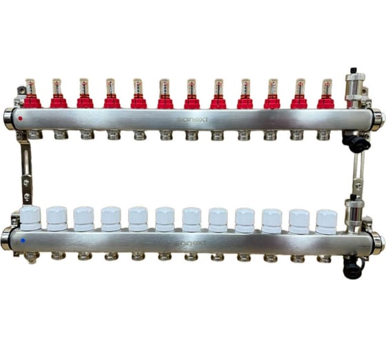 Коллектор для теплого пола SANEXT нержавеющая сталь, с расходомерами, автоматический в/о и дренажный клапан, ДУ25, ВР1×12 конт. НР 3/4 85212-1 картинка