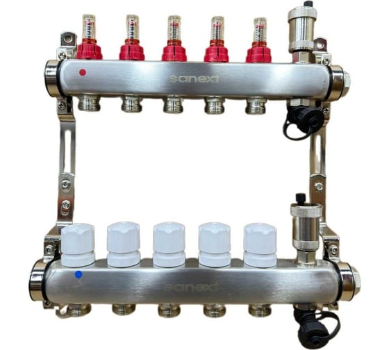 Коллектор для теплого пола SANEXT нержавеющая сталь, с расходомерами, автоматический в/о и дренажный клапан, ДУ25, ВР1×5 конт. НР 3/4 8525-1 картинка