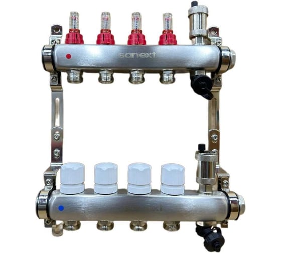 Коллектор для теплого пола SANEXT нержавеющая сталь, с расходомерами, автоматический в/о и дренажный клапан, ДУ25, ВР1×4 конт. НР 3/4 8524-1 картинка