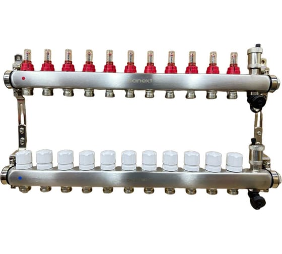 Коллектор для теплого пола SANEXT нержавеющая сталь, с расходомерами, автоматический в/о и дренажный клапан, ДУ25, ВР1×11 конт. НР 3/4 85211-1 картинка