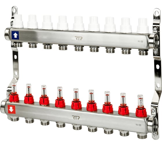Коллекторная группа с расходометром и кронштейном RTP (евроконус 3/4″) нержавеющая сталь sus 304 1″х 9 выходов, 39427 картинка