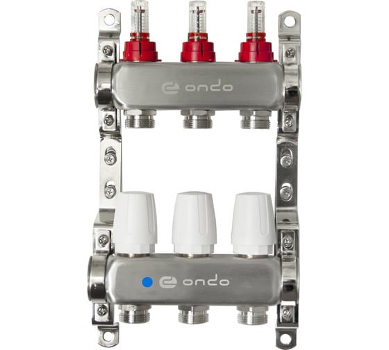 Коллекторная группа ONDO нержавеющая сталь, 3 выхода, в сборе с расходомерами и термостатическими клапанами без сливных кранов и воздухоотводчиков BKGWDV03 картинка