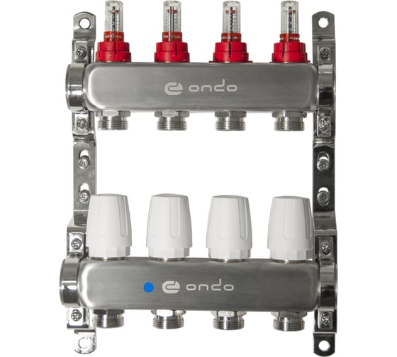 Коллекторная группа ONDO нержавеющая сталь, 4 выхода в сборе с расходомерами и термостатическими клапанами без сливных кранов и воздухоотводчиков BKGWDV04 картинка