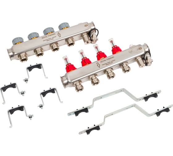 Коллектор в сборе Royal Thermo нержавеющая сталь, с расходомерами 1 ВР-3/4 НР, 4 выхода НС-1080950 картинка