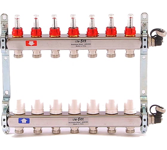 Коллекторная группа 1х3/4, 7 выходов, с расходомерами и термостатическими вентилями, нерж. сталь Uni-Fitt 450I4307 картинка