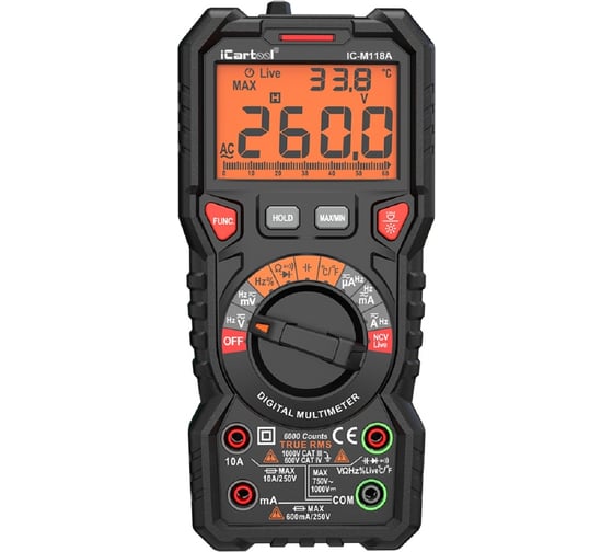 Цифровой мультиметр iCartool CATIII 1000V, СATIV 600V, TrueRMS, AC/DC IC-M118A картинка