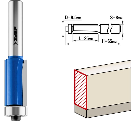 Кромочная фреза с нижним подшипником ЗУБР Профессионал 9.5×25 мм 28727-9.5-25 картинка