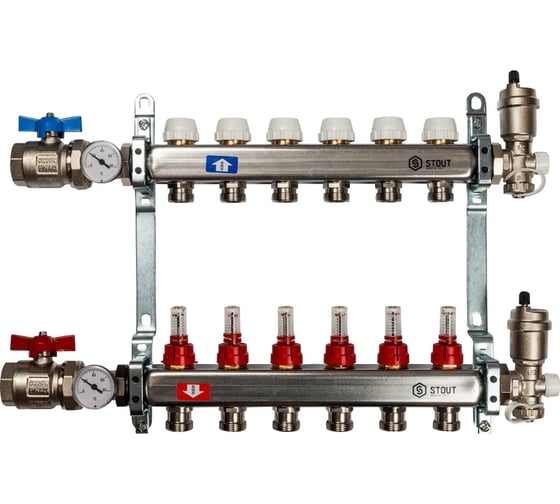 Коллектор из нержавеющей стали в сборе с расходомерами STOUT 6 выходов SMS 0907 000006 картинка