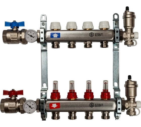 Коллектор из нержавеющей стали в сборе с расходомерами STOUT 4 выхода SMS 0907 000004 картинка