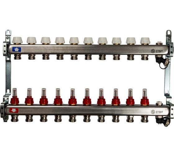 Коллектор из нержавеющей стали с расходомерами, с клапаном вып. воздуха и сливом 10 вых. STOUT SMS-0927-000010 картинка