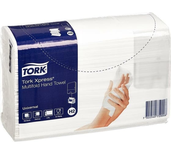 Бумажные полотенца TORK Universal Multifold, 190 шт, 2-слойное, натуральный белый, 23.4×21.3 см 471103 картинка