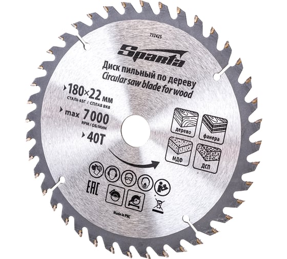 Диск пильный по дереву (180×22 мм; 40 зубьев) SPARTA 732425 картинка