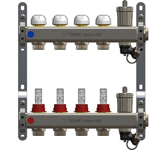 Коллекторная группа Tiemme 4 отвода 1″ с расходомерами, нержавеющая сталь 3920130 / 3855XJ картинка