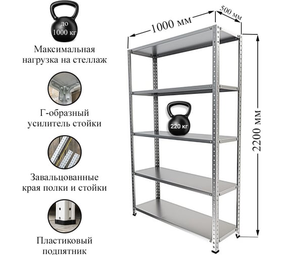 Стеллаж IRONMEBEL Optimus Hard 2200x1000x500 мм., 5 полок M-СУУ2200x1000x500 картинка