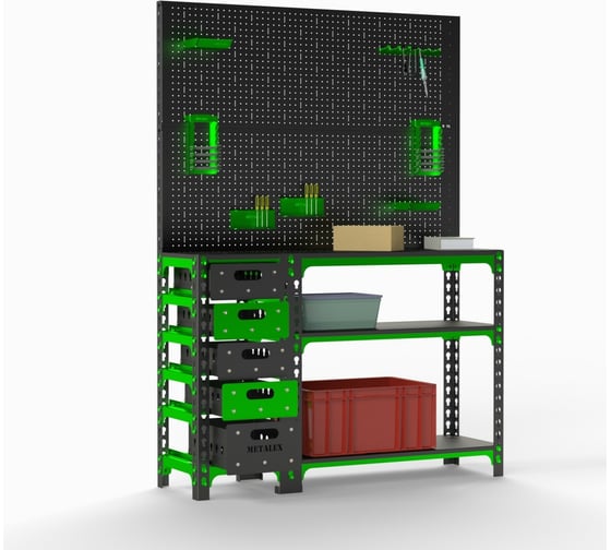 Стол-верстак ООО Металекс 950x1000x600 мм, с боковыми полками, 2 перфопанелями и комплектом аксессуаров SVBPPRIIA951060 картинка